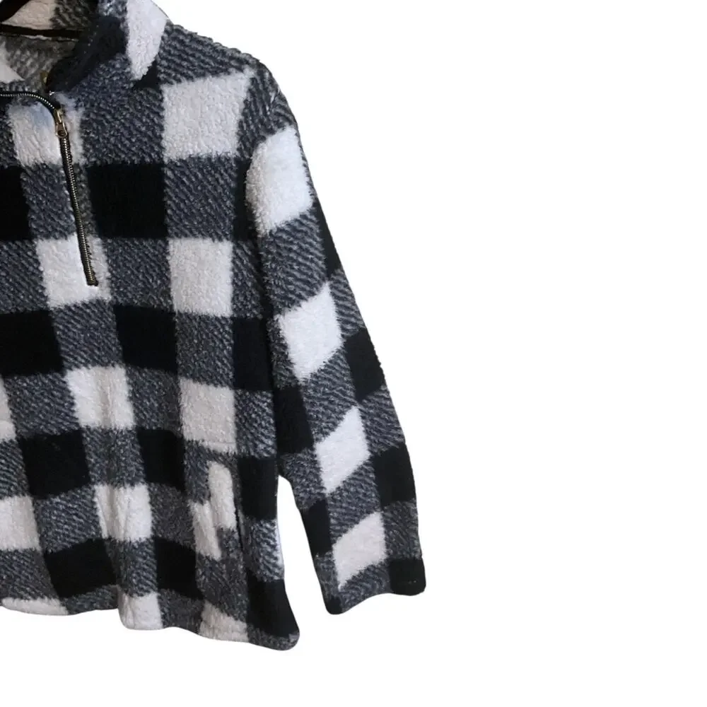 Victory Outfitters 1/4 Zip Black White Buffalo Plaid Fleece Pullover Top Size‎ M